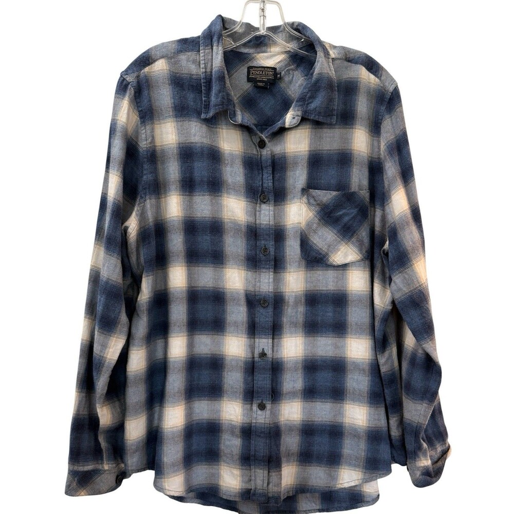 Pendleton Flannel Plaid Long Sleeve Button Shirt Pocket Womens Size XL Blue
